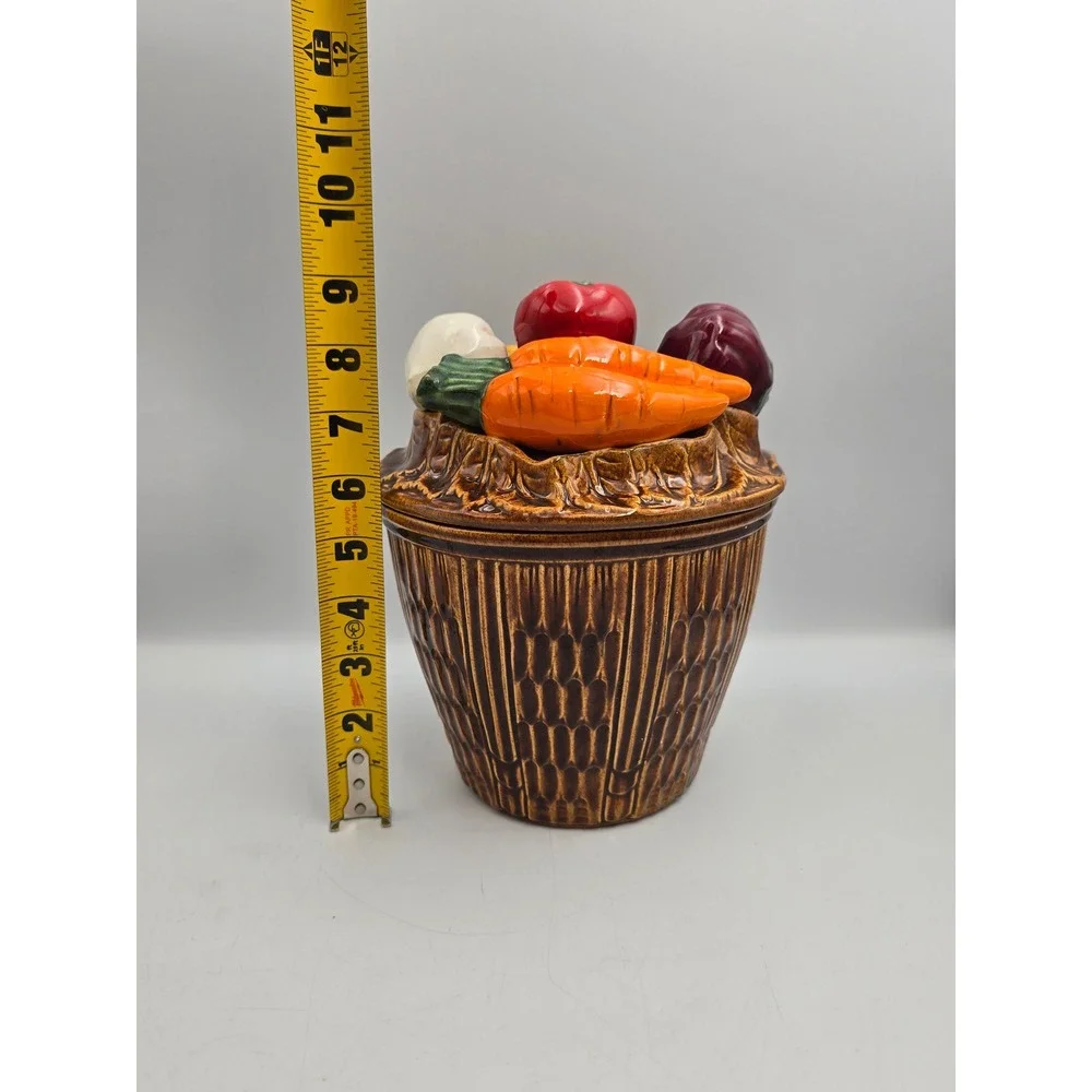 Vintage Vegetable Basket Cookie Jar Brown Ceramic Farmhouse Large Multicolor Exc